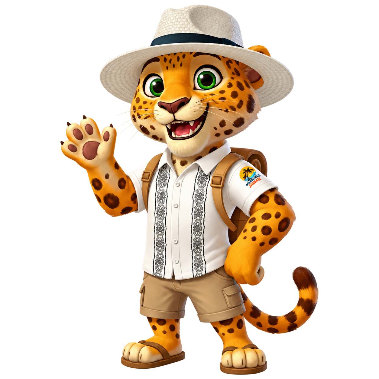 JAWIK, el jaguar viajero de Excursiones JAWAR, saluda desde la escena de playa